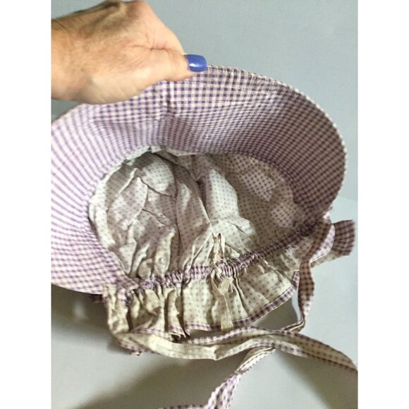 Vtg 1960's Cotton Prairie Bonnet Button Scallop Edges Purple And White Gingham - Picture 9 of 9
